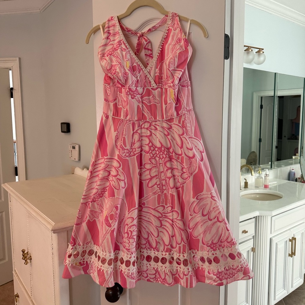 Lilly Pulitzer sz 4 Halter tie neck Flamingo Print A-Line Dress